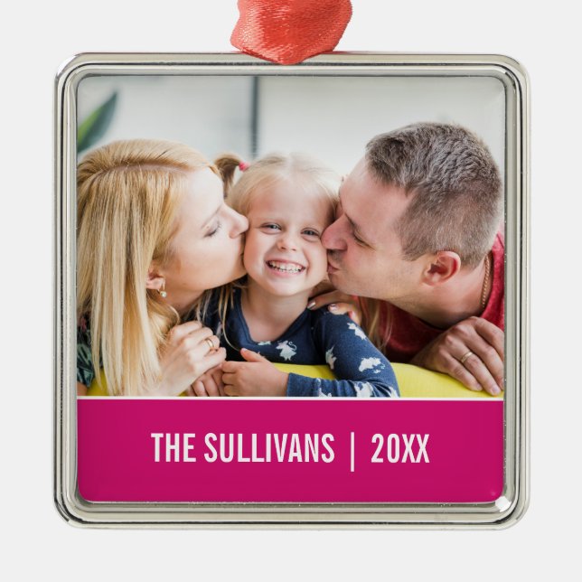 Pink | Modernes Personalisiertes Foto und benutzer Ornament Aus Metall (Vorne)