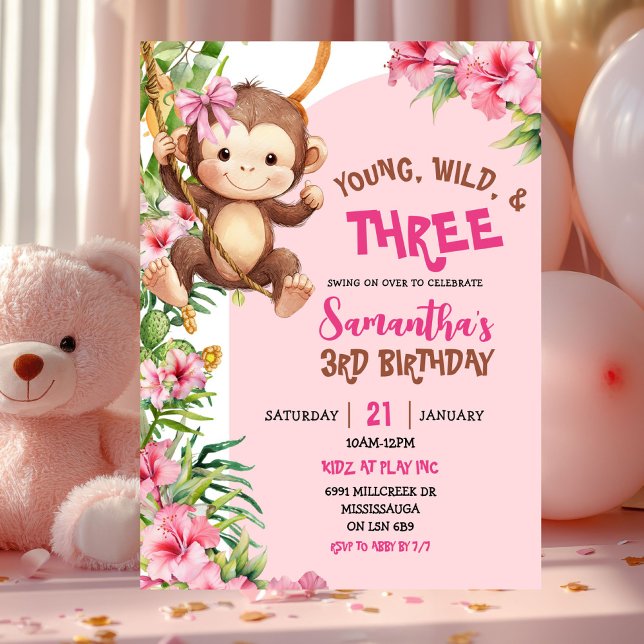 Pink Monkey Young Wild Three Third Birthday Einladung (Von Creator hochgeladen)