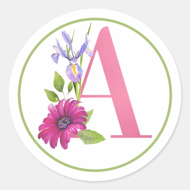 PINK MONOGRAM A MIT SOMMERBLUME RUNDER AUFKLEBER (Vorderseite)