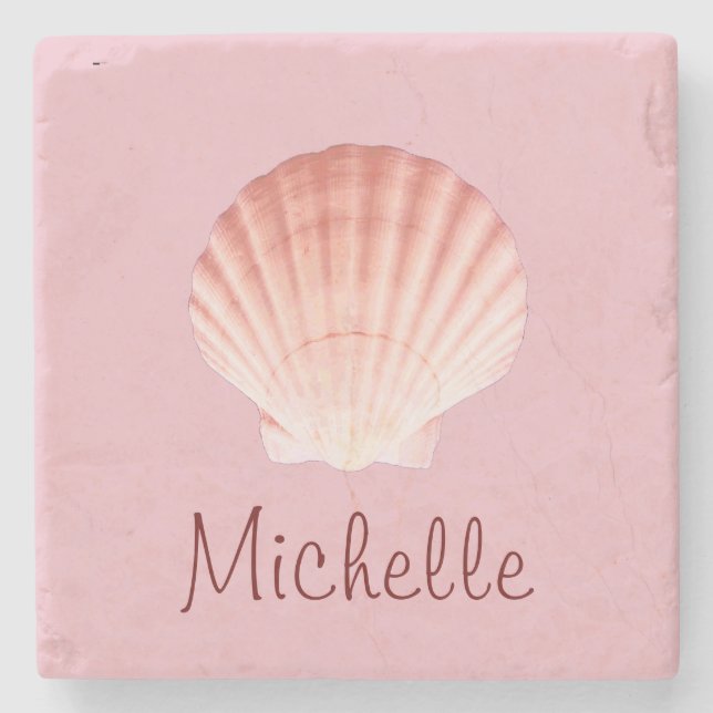 Pink Monogram Beach Scallop Sea Muschel Steinuntersetzer (Vorderseite)