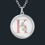 Pink Monogram Floral Letter K Watercolor Bouquet Versilberte Kette<br><div class="desc">Monogramm Halskette mit Ihrem Initial in hübschen Glitzer und Aquarellfarben Blume. Der Blumenbrief K ist in staubigen rosa Glitzer mit einem Blumenstrauß aus rosa und elfenbeinfarbenen Blume und Grünpflanzen gestaltet. Ein schönes Geschenk für jede Frau und jeden Anlass. Auch eine schöne Idee als Gastgeschenk Hochzeit, für Brautmädchen, um an Ihrem...</div>