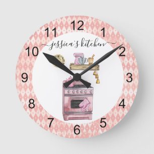 Pink Monogram Kitchen Stove Watercolor Runde Wanduhr