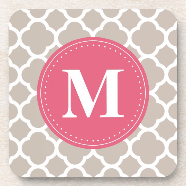 Pink Monogram Linen Grau Quatrefolienmuster Untersetzer (Vorderseite)