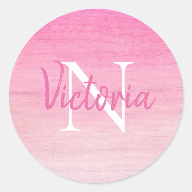 Pink Monogram Name Script Runder Aufkleber (Vorderseite)