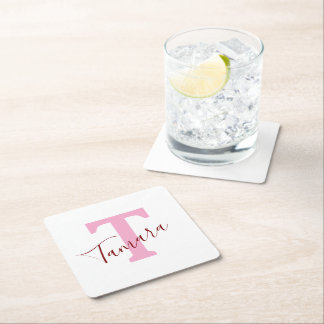 Pink Monogram Paper Coaster | Custom Name Rechteckiger Pappuntersetzer