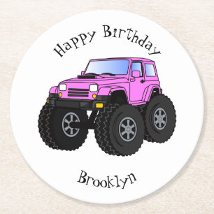 Pink Monster LKW Cartoon Illustration Runder Pappuntersetzer