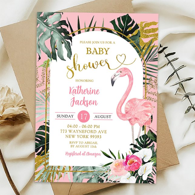 Pink Monstera Tropical Flamingo Baby Dusche Einladung (Von Creator hochgeladen)