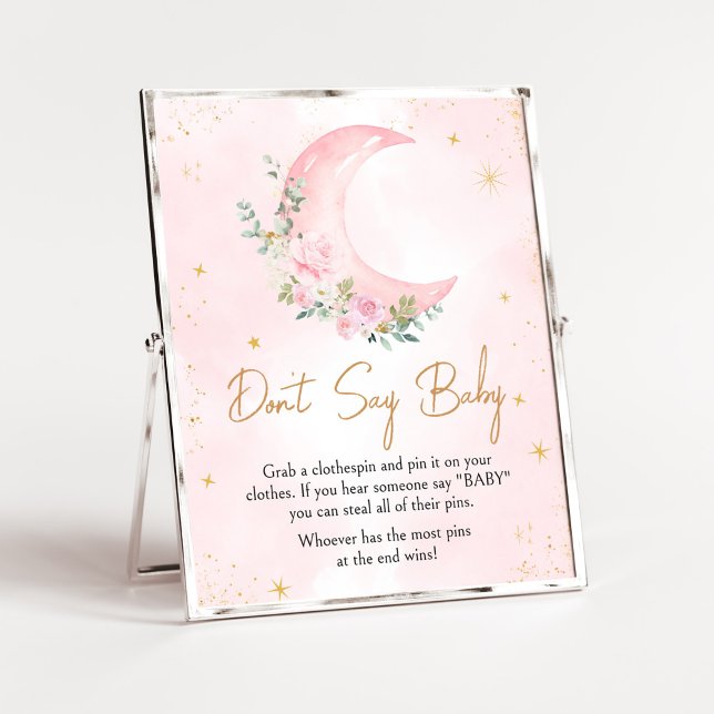 Pink Moon and Stars Baby Dusche Say Baby nicht Poster (Twinkle Little Star Baby Shower Don't Say Baby Sign)