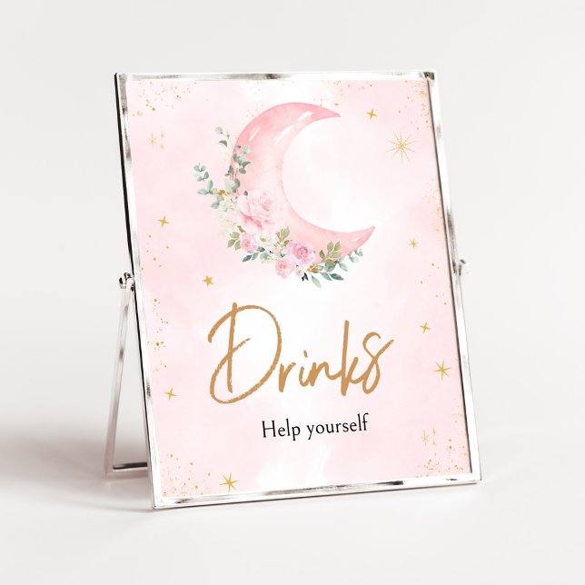 Pink Moon and Stars Baby Duschgetränke Poster (Twinkle Little Star Baby Shower Drinks Sign)
