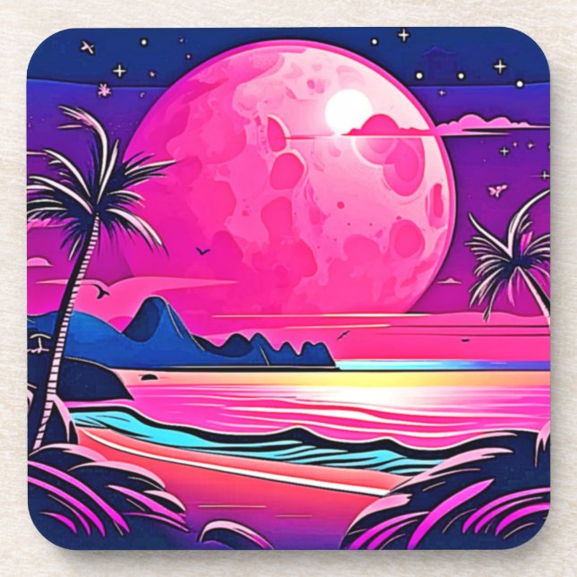 Pink Moon Beachscape Art Getränkeuntersetzer (Vorderseite)