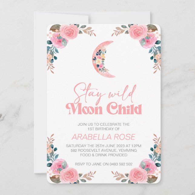 Pink Moon Child Girls Geburtstag Einladung (Vorderseite)