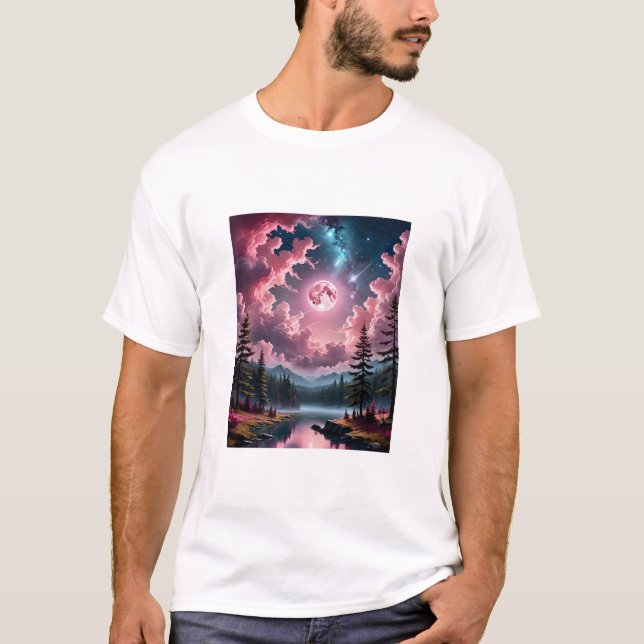 Pink Moon Fantasy Dreamy Night Sky Landscape T-Shi T-Shirt (Vorderseite)