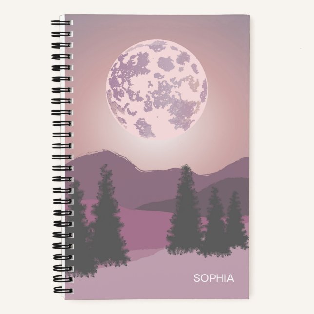 Pink Moon Over Mountains Anpassbar Notebook Notizbuch (Vorderseite)