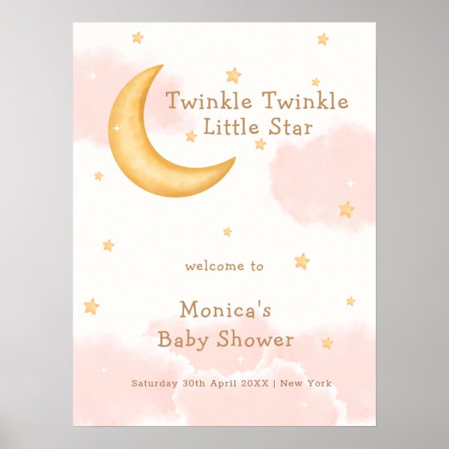 Pink Moon Stars Twinkle Girl Baby Dusche Empfang Poster (Vorne)