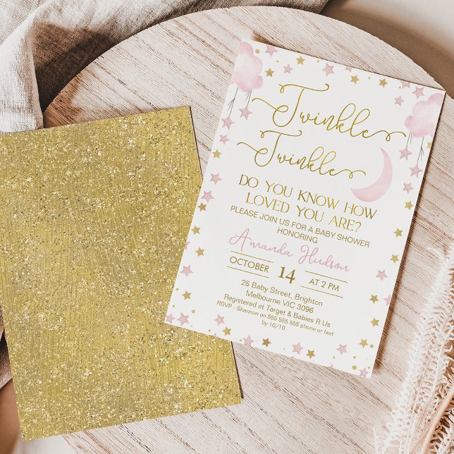 Pink Moon Stars Twinkle Little Star Baby Dusche Einladung (Girl's twinkle twinkle little star baby shower invitation featuring some pink and gold stars.)