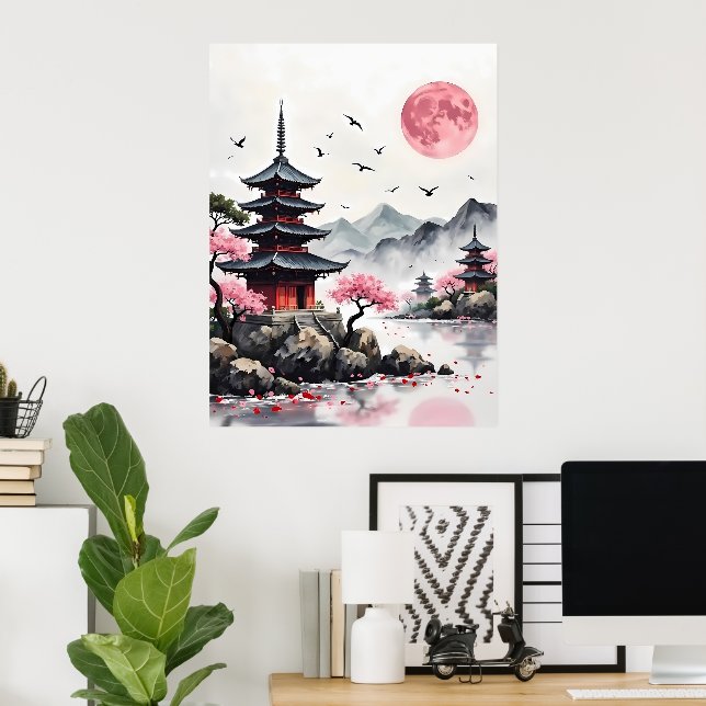 Pink Moon über Pagoda Poster (Heimbüro)