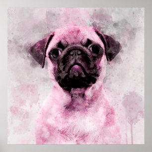 Pink Mops Dog Watercolor Portrait 02 Poster