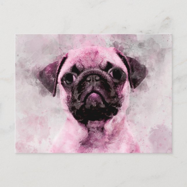 Pink Mops Dog Watercolor Portrait 02 Postkarte (Vorderseite)