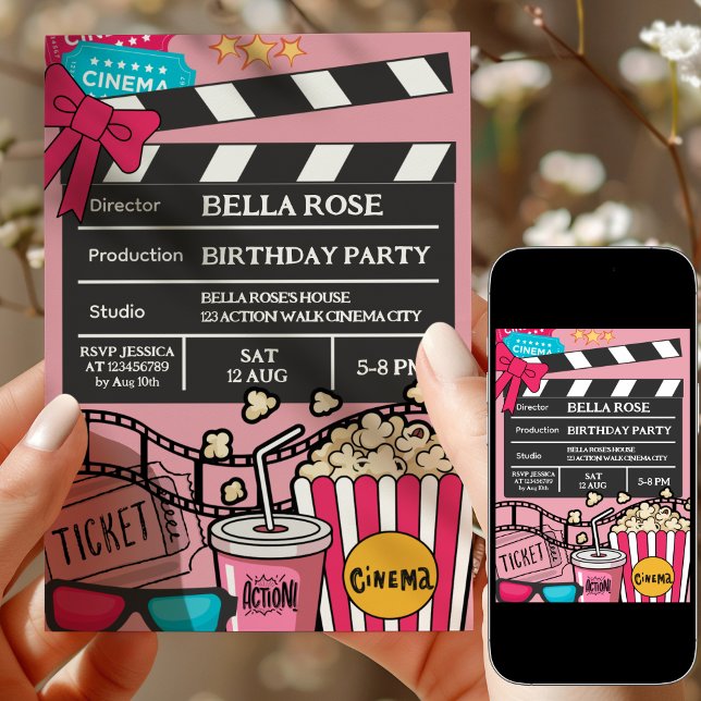 Pink Movie Night Birthday Party For Girls Einladung (Von Creator hochgeladen)