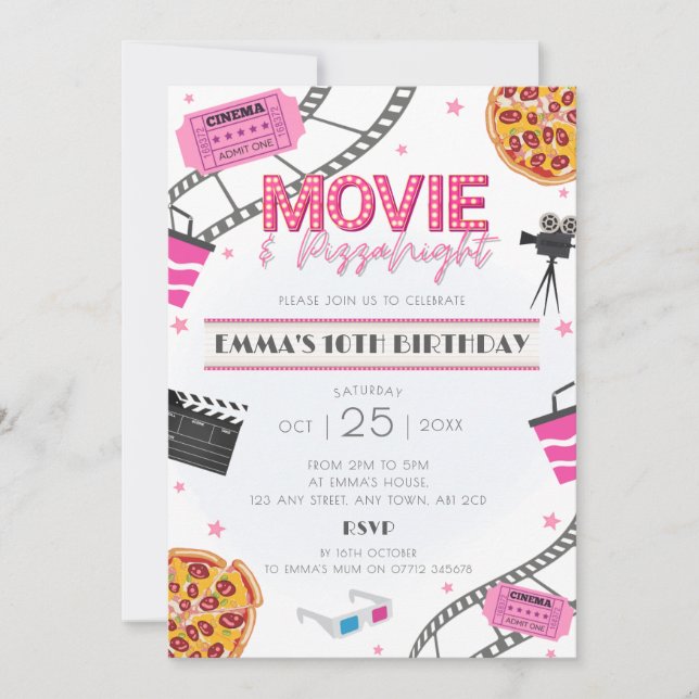 Pink Movie & Pizza Night Birthday Party Einladung (Vorderseite)