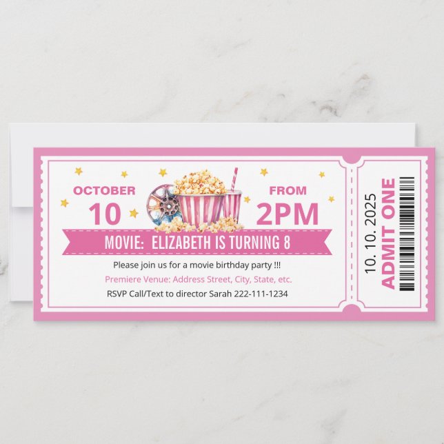 Pink Movie ticket birthday invitation Einladung (Vorderseite)