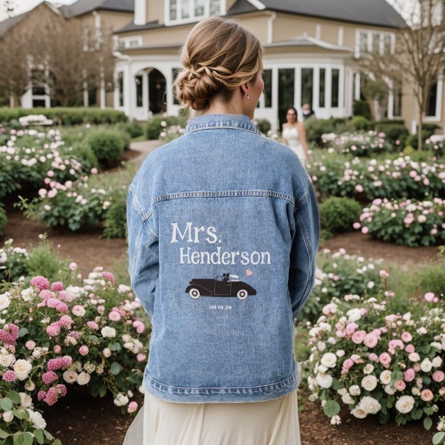Pink Mrs Brides Nachname Classic Car Denim Jacket Jeansjacke (Hochzeit Rückseite)