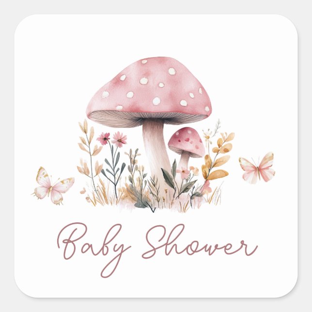 Pink Mushroom Girl Babydusche Square Quadratischer Aufkleber (Vorderseite)