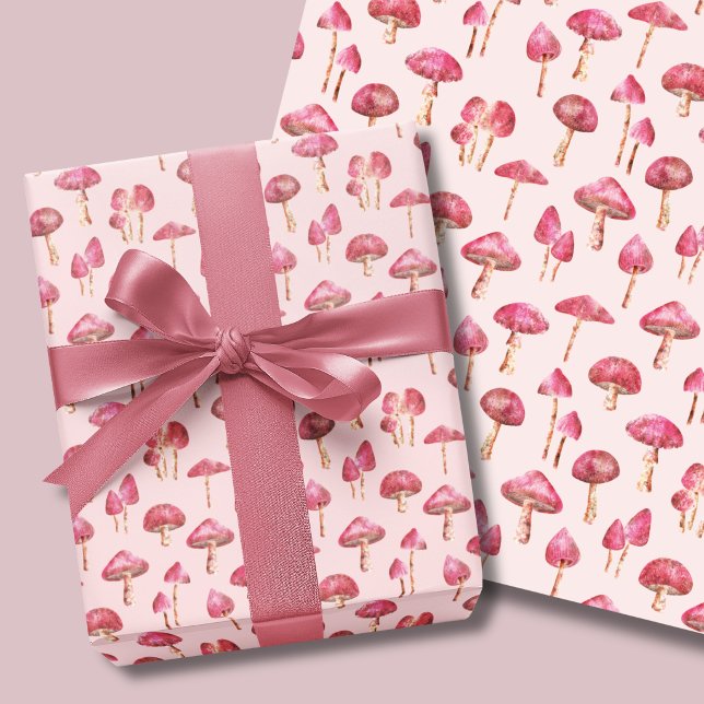 Pink Mushroom-Muster Geschenkpapier Set (Pink mushroom wrapping paper sheets. Woodland mushrooms on soft pink background.)