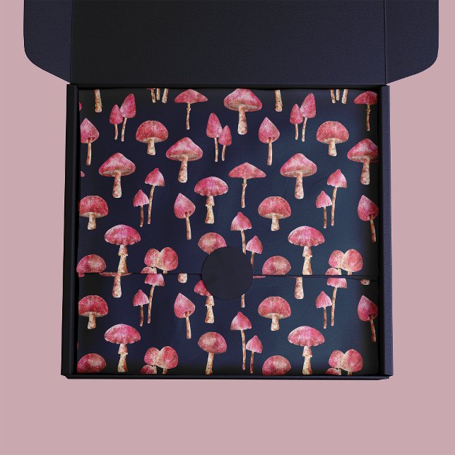 Pink Mushroom-Muster Seidenpapier (Pink mushroom pattern tissue paper on dark navy blue background)