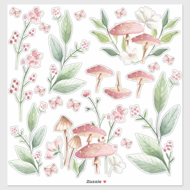 Pink Mushroom Patch Bedroom Wall Set Sticker (Blatt)