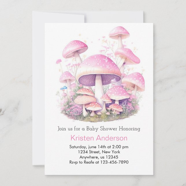 Pink Mushroom Whimsical Woodland Girl Babydusche Einladung (Vorderseite)