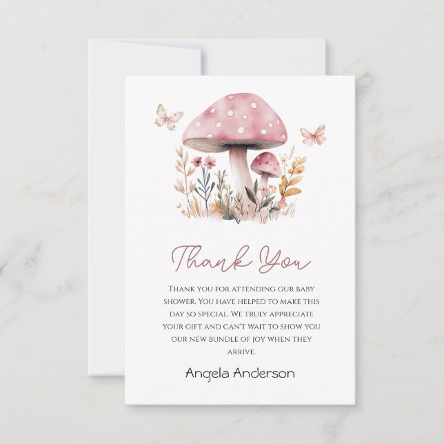 Pink Mushroom Woodland Babydusche Dankeskarte (Vorderseite)