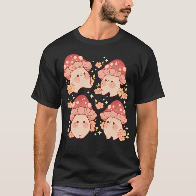 Pink Mushrooms und Blume Muster T-Shirt (Vorderseite)
