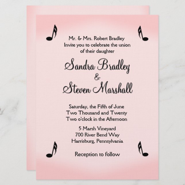 Pink Music Theme Wedding Einladung (Vorne/Hinten)