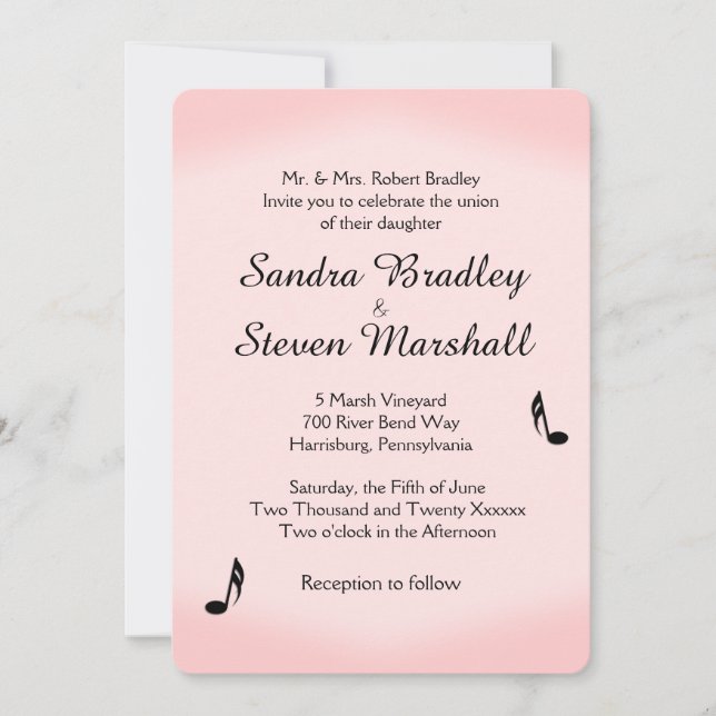 Pink Music Theme Wedding Einladung (Vorderseite)