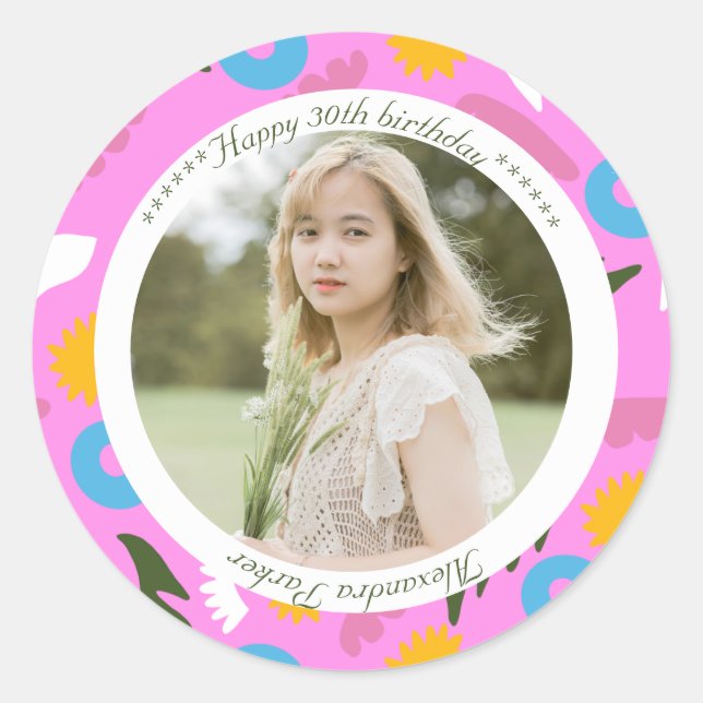 pink name birthday modern floral romantic  Sticker (Vorderseite)