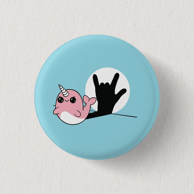 Pink Narwhal ASL I Liebe You - Deaf Culture Design Button (Vorderseite)