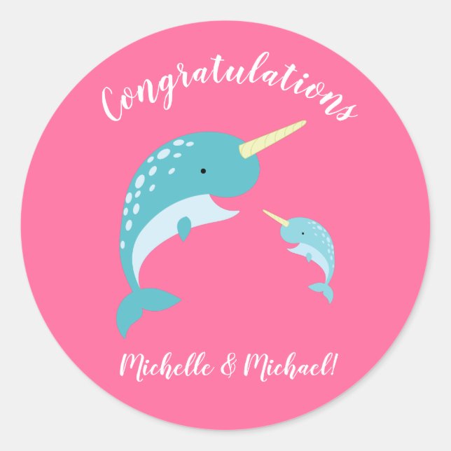 Pink Narwhal Baby Dusche Runder Aufkleber (Vorderseite)
