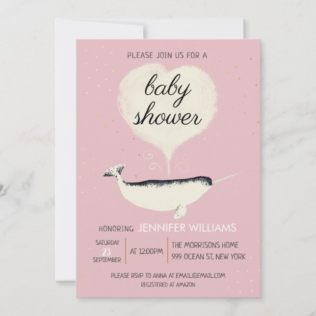 Pink Narwhal Whale Girl Babydusche Einladung (Vorderseite)