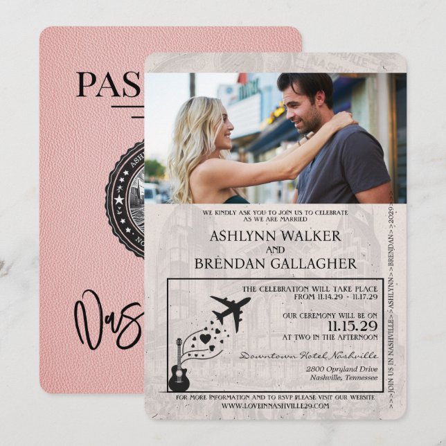 Pink Nashville Passport Wedding Einladung (Vorne/Hinten)