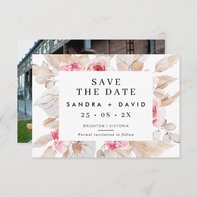 Pink Natural Tones Pampas Save the Date Karte (Vorne/Hinten)