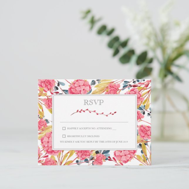 Pink Nature Floral Wedding RSVP Postkarte (Stehend Vorderseite)