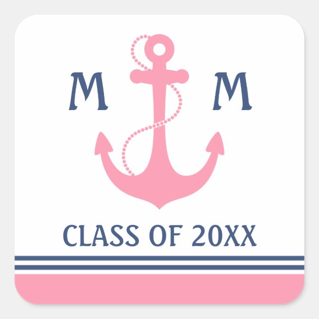 Pink Nautic Abschluss Quadratischer Aufkleber (Vorderseite)