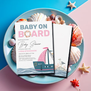 Pink Nautical Baby an Bord Baby Dusche Einladung