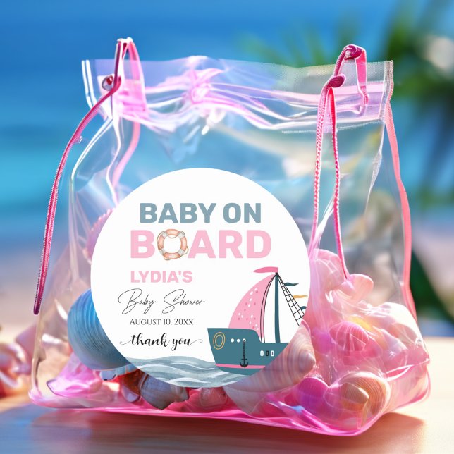 Pink Nautical Baby an Bord Baby Dusche Runder Aufkleber (Von Creator hochgeladen)