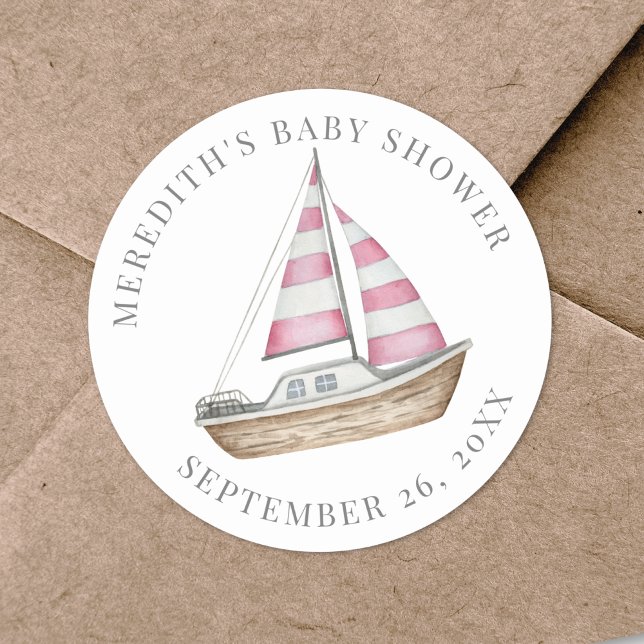 Pink Nautical Baby Dusche Runder Aufkleber (Pink Nautical Baby Shower Classic Round Sticker)