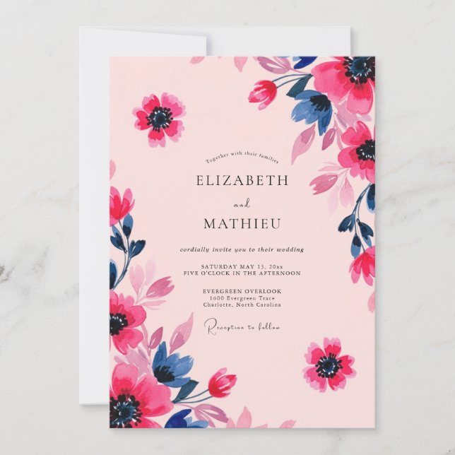 Pink Navy Artistic Summer Wedding Einladung (Vorderseite)