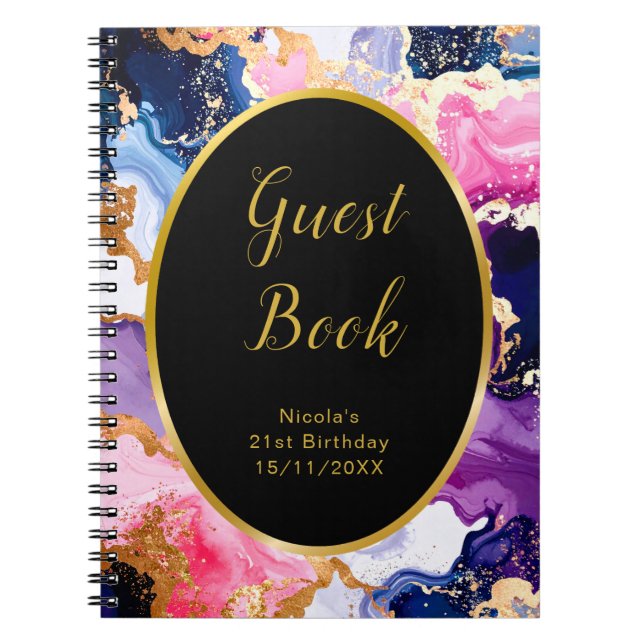 Pink, Navy Blue and Gold Ink Birthday Guest Book Notizblock (Vorderseite)