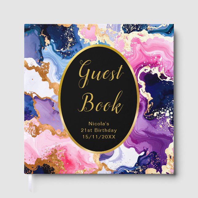 Pink, Navy Blue and Gold Ink Birthday Party Gästebuch (Vorderseite)
