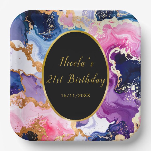 Pink, Navy Blue and Gold Ink Birthday Party Pappteller (Vorderseite)